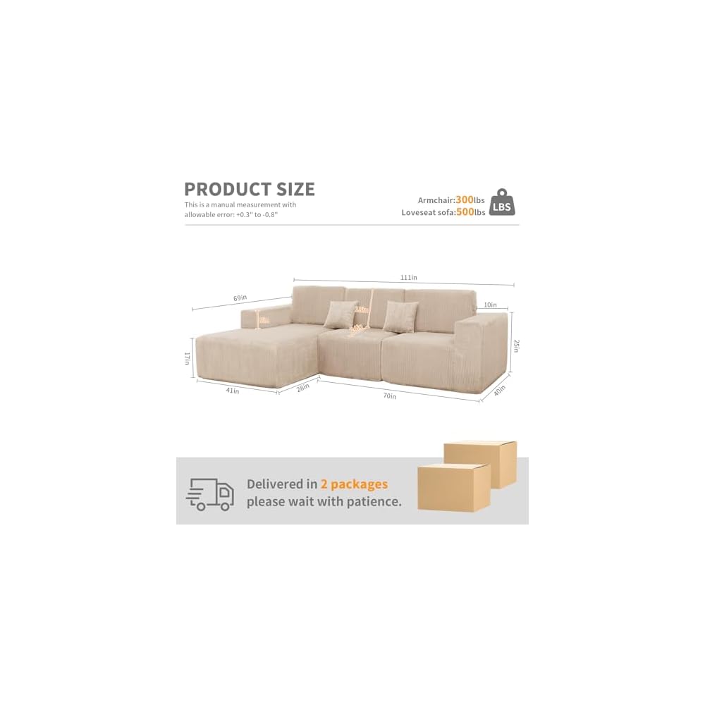 111" Boneless Couches for Living Room 3-Piece Cloud Couch Modular Sectional Deep Seat Compressed Couches for Living Room Bedroom Plush Corduroy Fabric No Assembly Required, Khaki