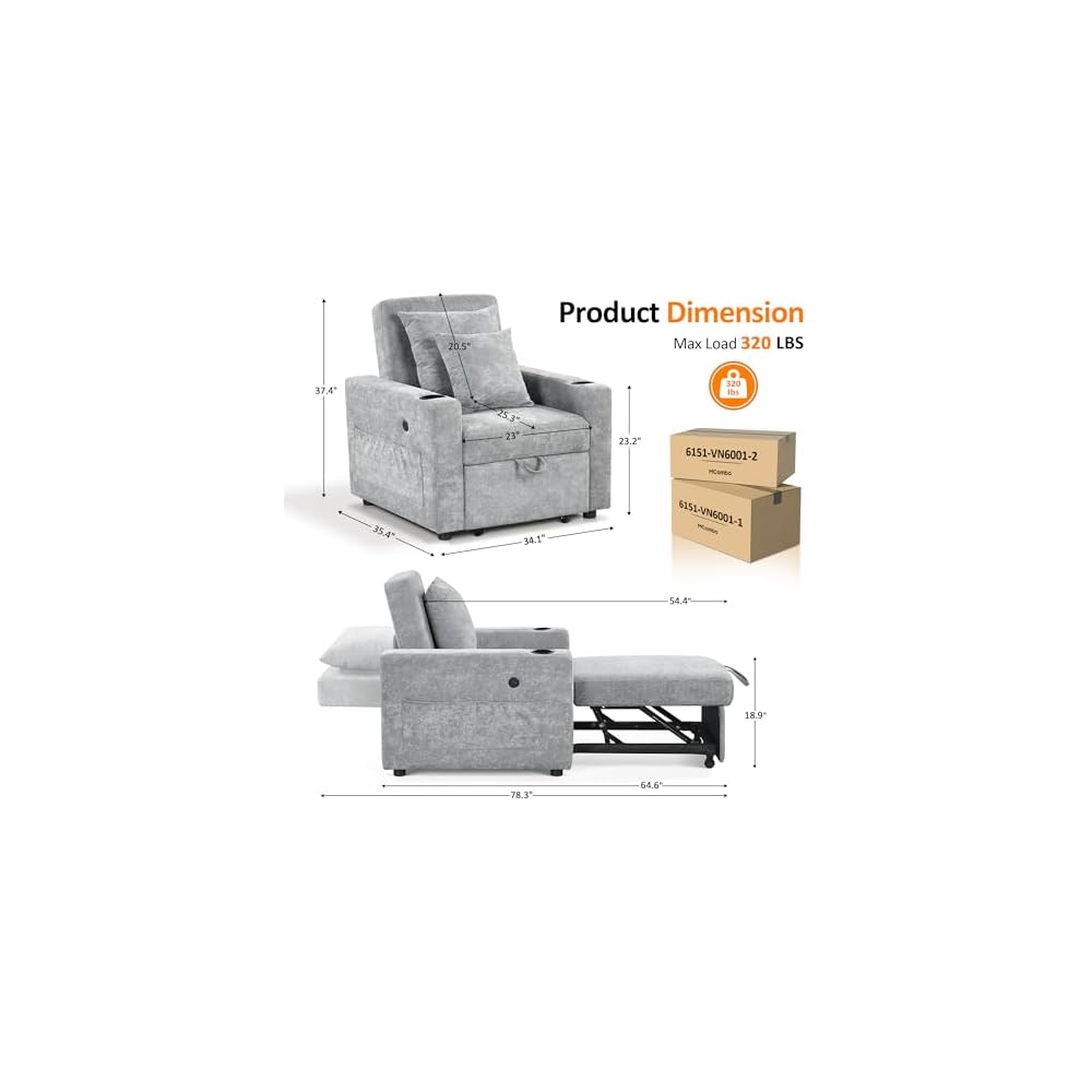 MCombo Convertible Sleeper Chair Bed, 3-in-1 Folding Sofa Chair with Adjustable Backrest, Pull-Out Bed with USB Port, Cup Holders, Linen Fabric, for Small Spaces Living Room Guest Room Office VN6001