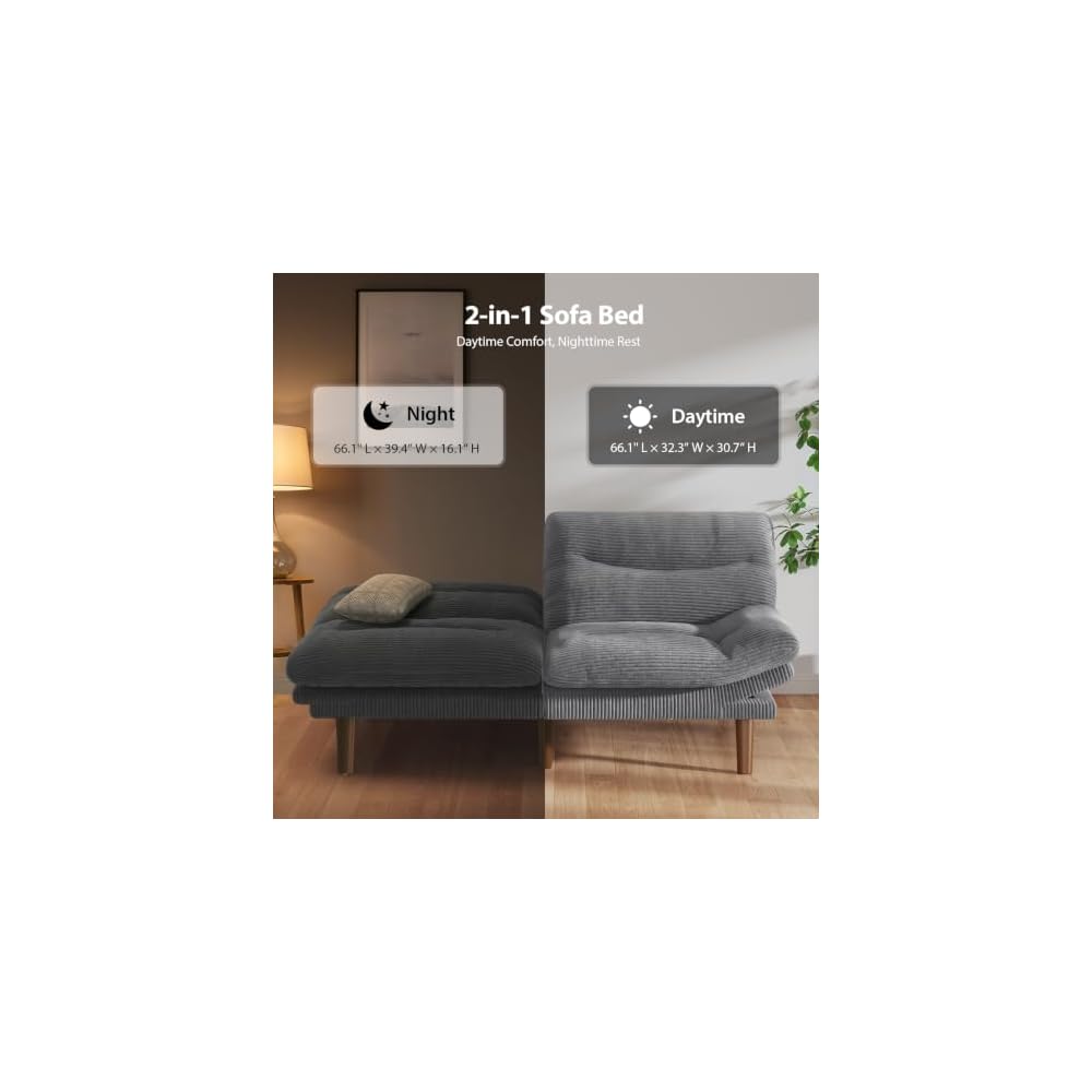 Pipishell 66 inch Convertible Futon Sofa Bed, Corduroy, Grey