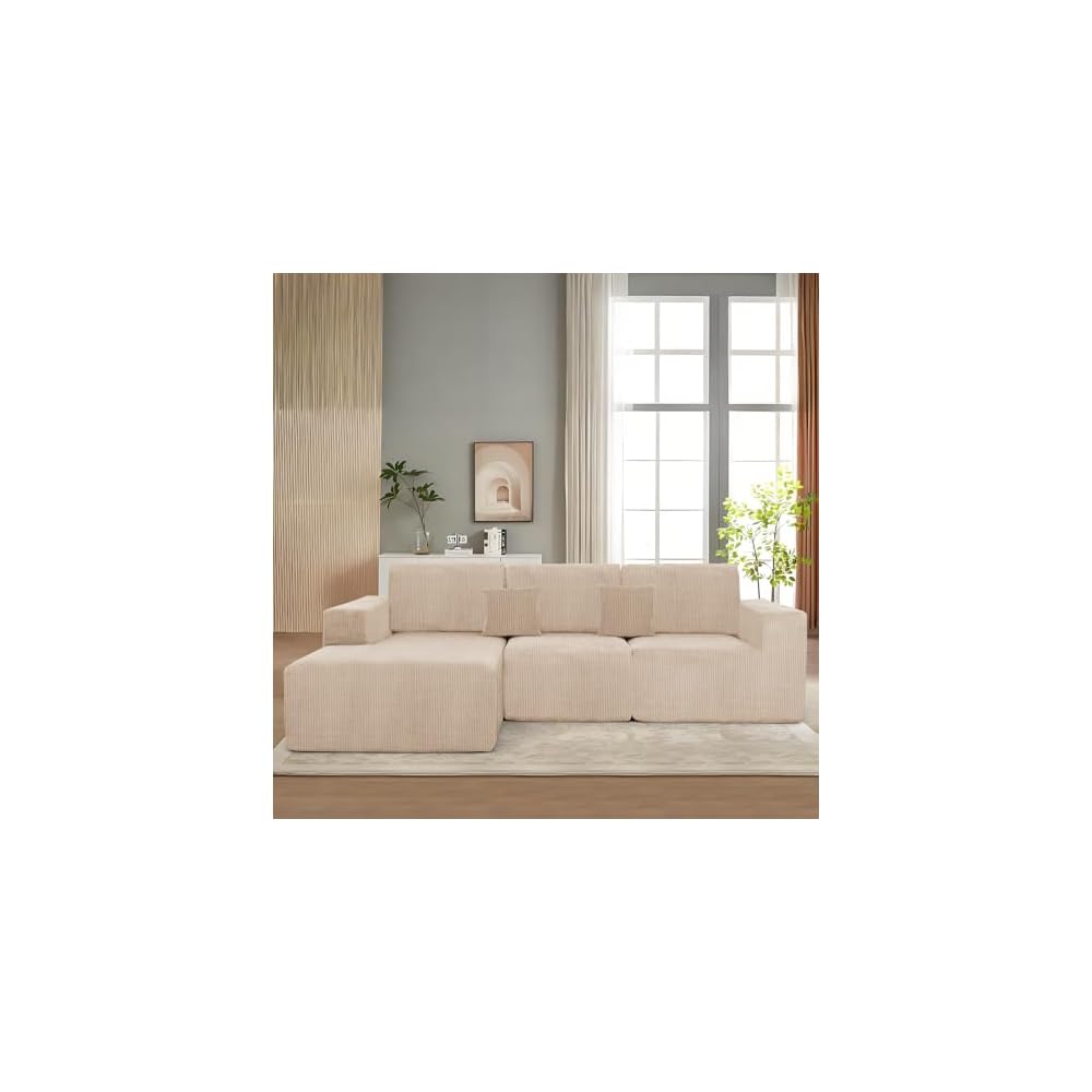 111" Boneless Couches for Living Room 3-Piece Cloud Couch Modular Sectional Deep Seat Compressed Couches for Living Room Bedroom Plush Corduroy Fabric No Assembly Required, Khaki