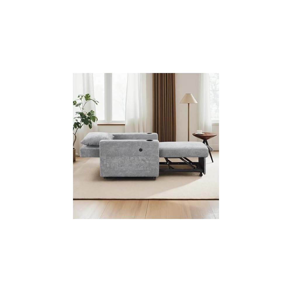 MCombo Convertible Sleeper Chair Bed, 3-in-1 Folding Sofa Chair with Adjustable Backrest, Pull-Out Bed with USB Port, Cup Holders, Linen Fabric, for Small Spaces Living Room Guest Room Office VN6001