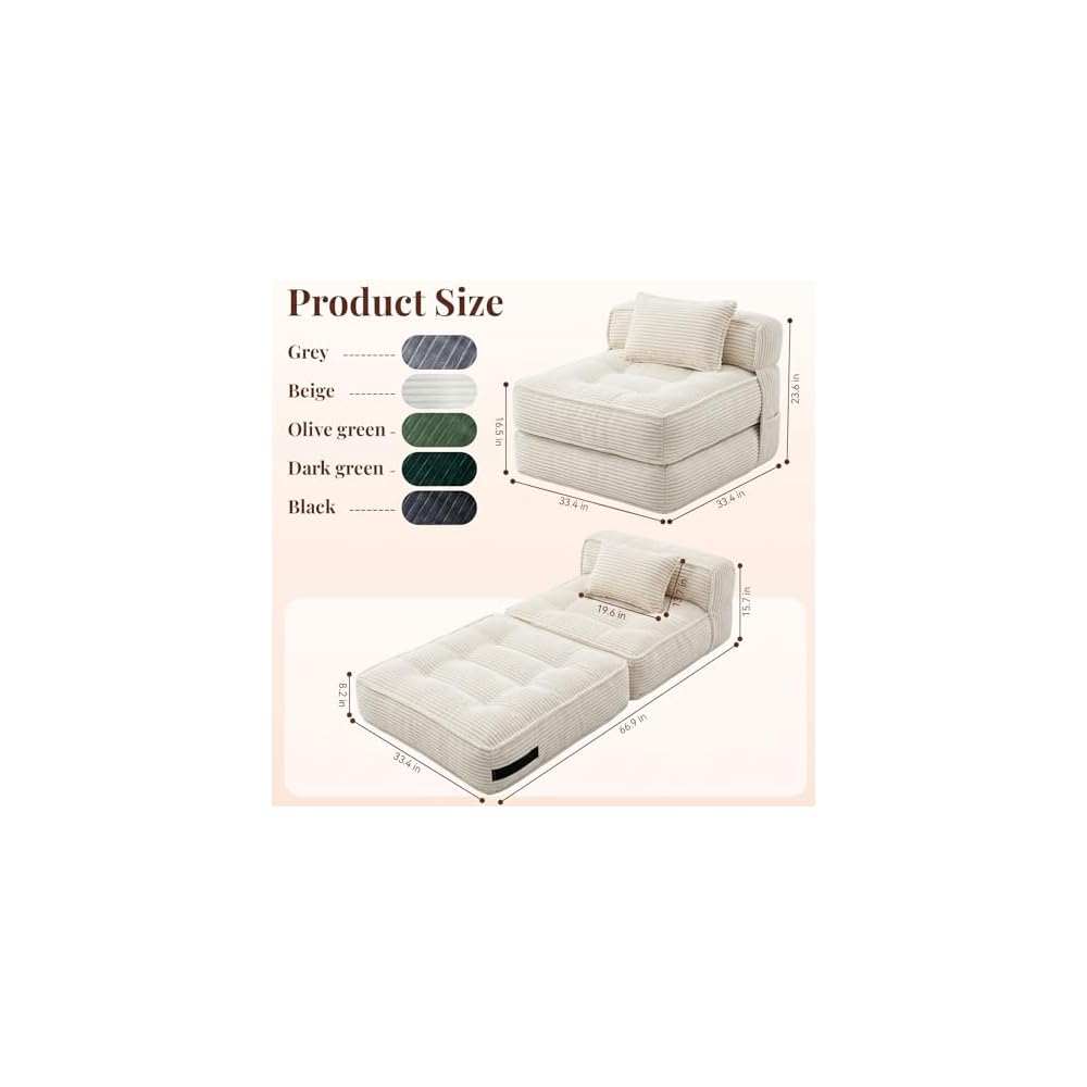 Folding Sofa Bed, Convertible Sleeper Chair with Pillow