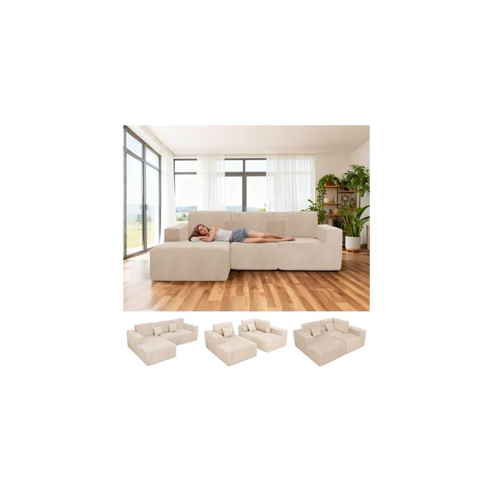 111" Boneless Couches for Living Room 3-Piece Cloud Couch Modular Sectional Deep Seat Compressed Couches for Living Room Bedroom Plush Corduroy Fabric No Assembly Required, Khaki