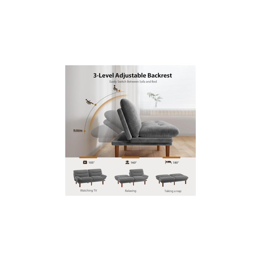 Pipishell 66 inch Convertible Futon Sofa Bed, Corduroy, Grey