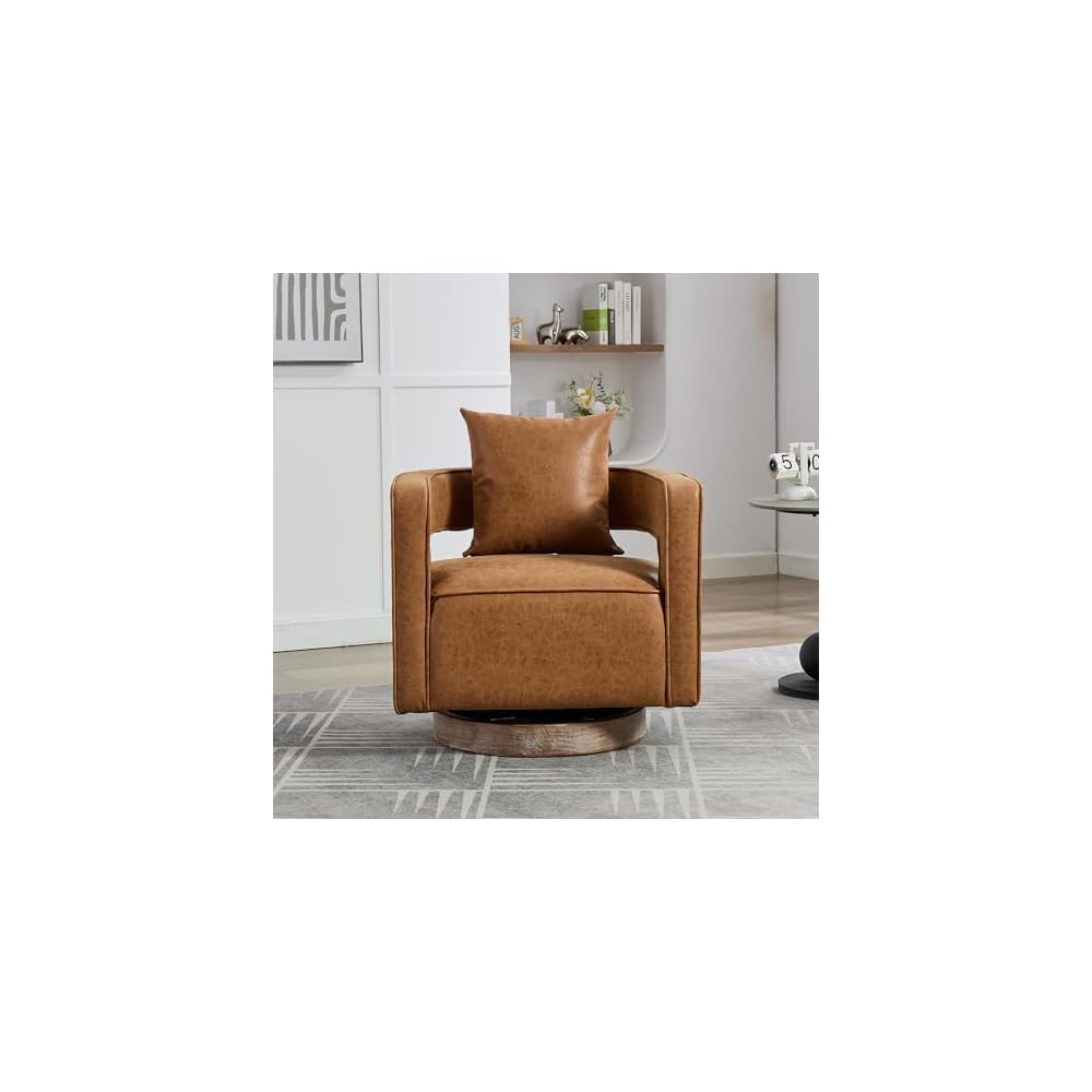 29.1 Inch Swivel Accent Chair, Open Back Barrel Design with Weathered Base for Living Room, Bedroom and Office,Brown
