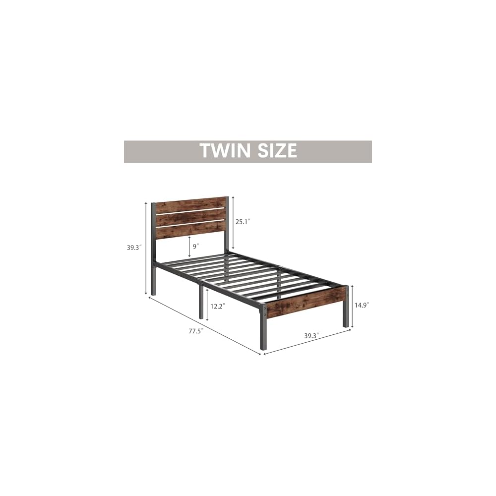 Fluest Twin Bed Frame with Headboard and Footboard, Metal Twin Bed Frame with Under Bed Storage, All-Metal Support System, No Box Spring Needed, Easy Assembly,Rustic Brown