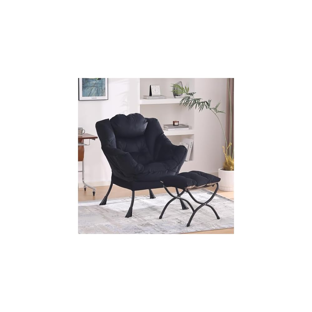 Modern Lazy Chair with Ottoman, Comfy Accent Reading Chair, Dark Green