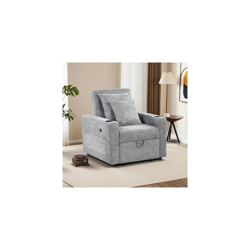 MCombo Convertible Sleeper Chair Bed, 3-in-1 Folding Sofa Chair with Adjustable Backrest, Pull-Out Bed with USB Port, Cup Holders, Linen Fabric, for Small Spaces Living Room Guest Room Office VN6001