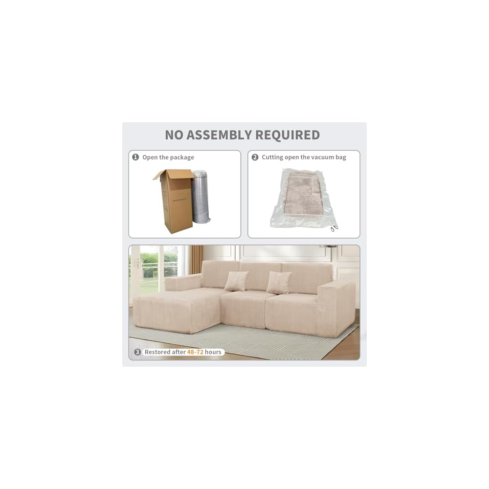 111" Boneless Couches for Living Room 3-Piece Cloud Couch Modular Sectional Deep Seat Compressed Couches for Living Room Bedroom Plush Corduroy Fabric No Assembly Required, Khaki