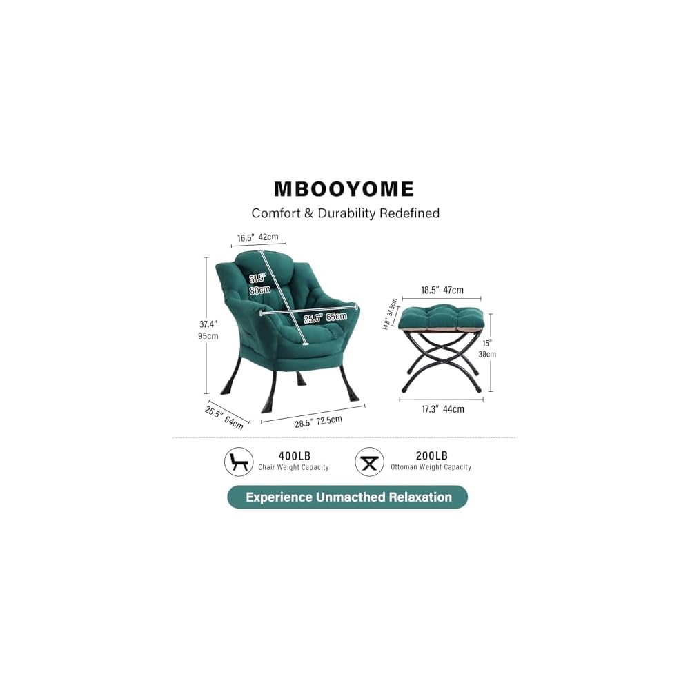 Modern Lazy Chair with Ottoman, Comfy Accent Reading Chair, Dark Green