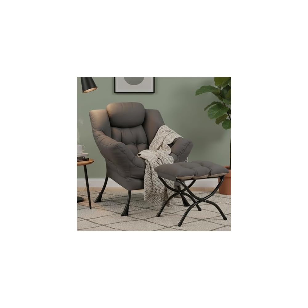 Modern Lazy Chair with Ottoman, Comfy Accent Reading Chair, Dark Green