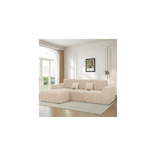 111" Boneless Couches for Living Room 3-Piece Cloud Couch Modular Sectional Deep Seat Compressed Couches for Living Room Bedroom Plush Corduroy Fabric No Assembly Required, Khaki