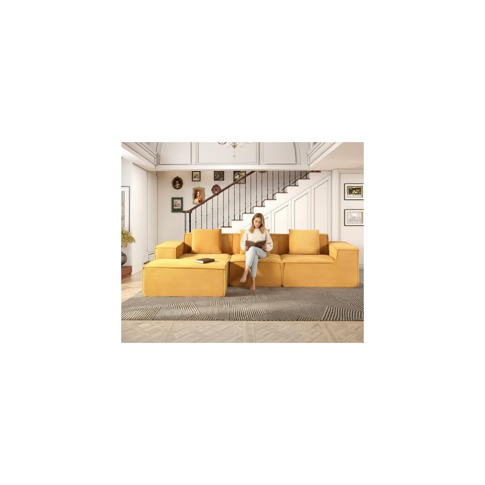 Container Furniture Direct Compressed Sofa L Sectional, 112" Modular Cloud Couch with Ottoman, 23.2" Deep Seat Corduroy High-Back L-Shaped Sectional for Living Room/Bedroom, No Assembly, Ginger Yellow