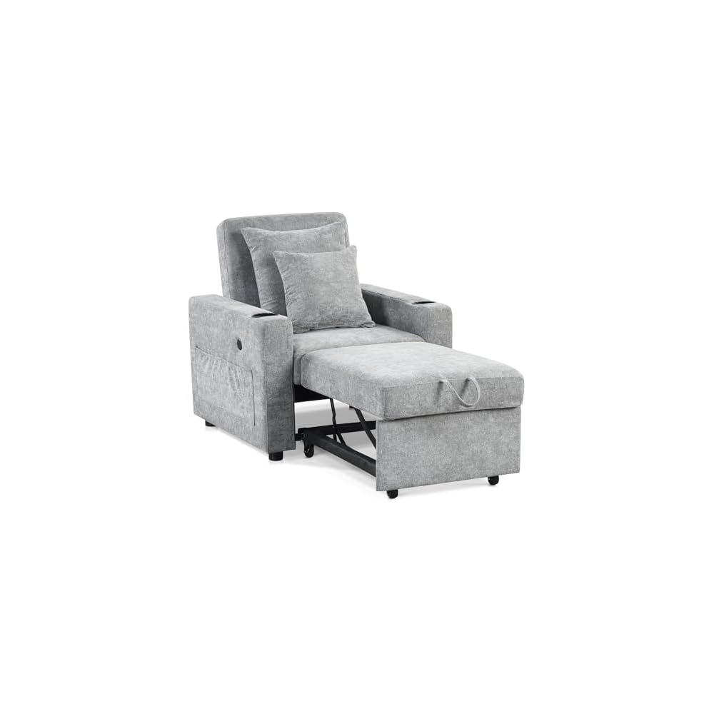 MCombo Convertible Sleeper Chair Bed, 3-in-1 Folding Sofa Chair with Adjustable Backrest, Pull-Out Bed with USB Port, Cup Holders, Linen Fabric, for Small Spaces Living Room Guest Room Office VN6001
