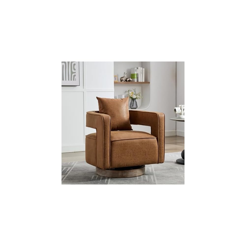 29.1 Inch Swivel Accent Chair, Open Back Barrel Design with Weathered Base for Living Room, Bedroom and Office,Brown