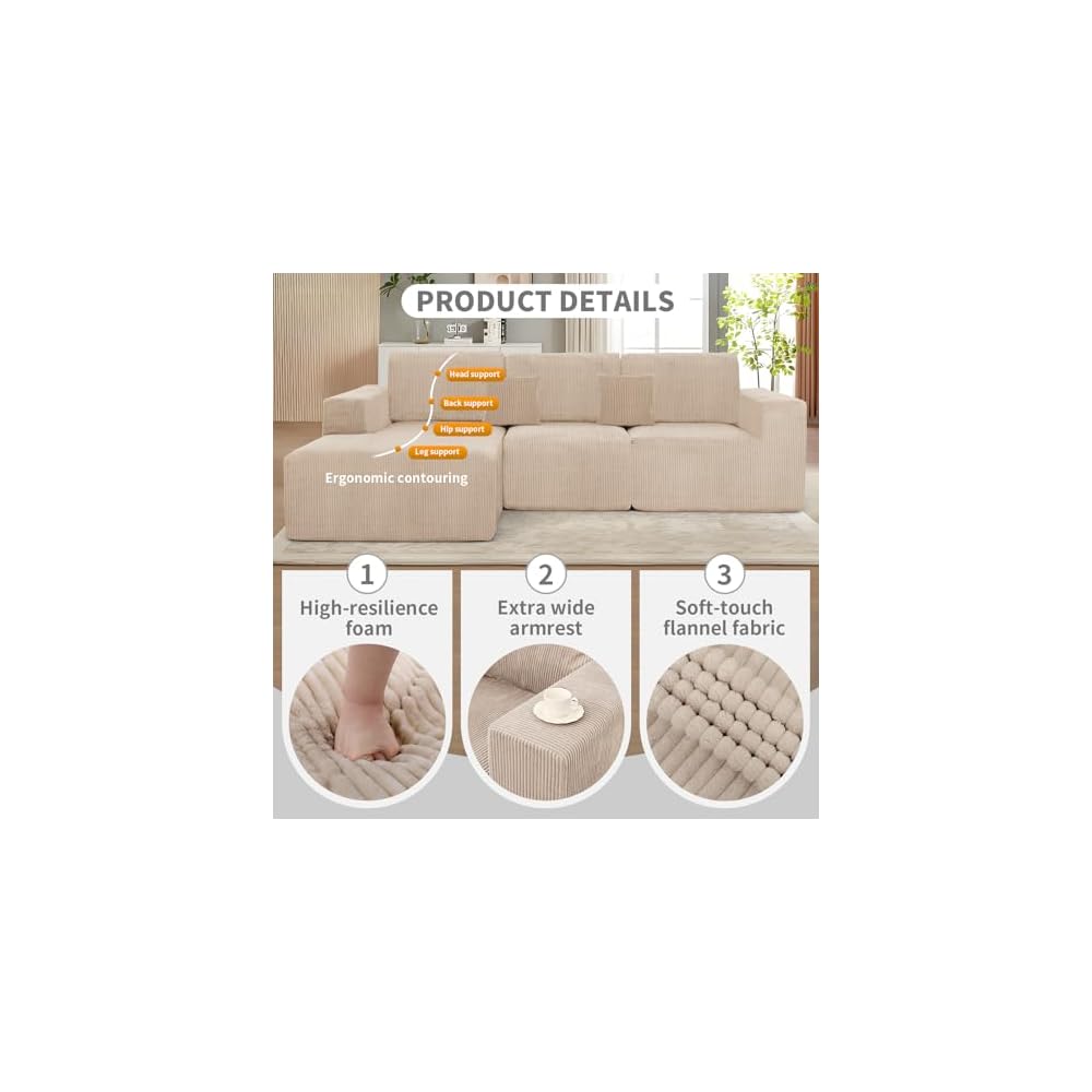 111" Boneless Couches for Living Room 3-Piece Cloud Couch Modular Sectional Deep Seat Compressed Couches for Living Room Bedroom Plush Corduroy Fabric No Assembly Required, Khaki