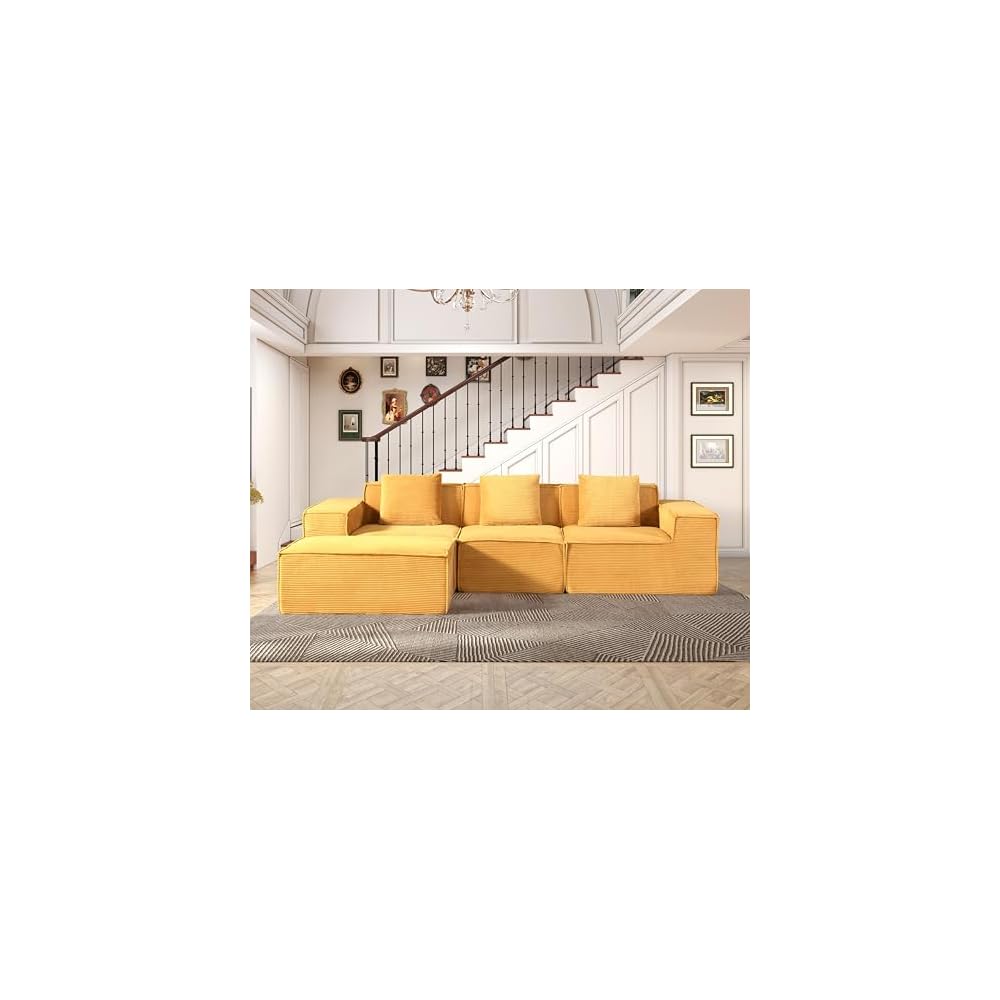 Container Furniture Direct Compressed Sofa L Sectional, 112" Modular Cloud Couch with Ottoman, 23.2" Deep Seat Corduroy High-Back L-Shaped Sectional for Living Room/Bedroom, No Assembly, Ginger Yellow