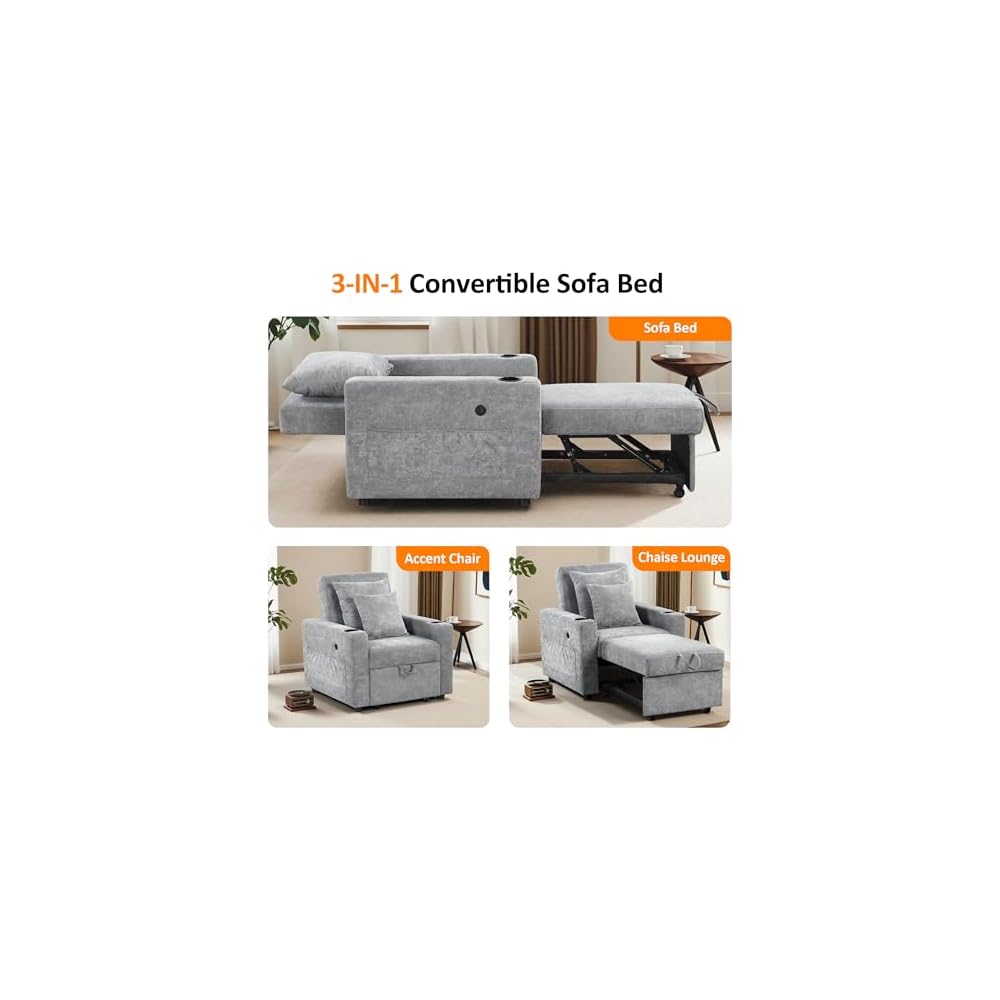 MCombo Convertible Sleeper Chair Bed, 3-in-1 Folding Sofa Chair with Adjustable Backrest, Pull-Out Bed with USB Port, Cup Holders, Linen Fabric, for Small Spaces Living Room Guest Room Office VN6001