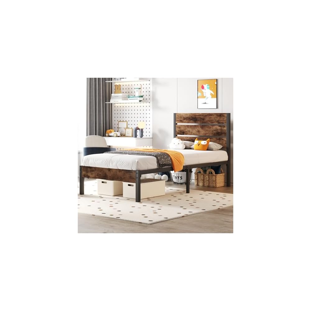 Fluest Twin Bed Frame with Headboard and Footboard, Metal Twin Bed Frame with Under Bed Storage, All-Metal Support System, No Box Spring Needed, Easy Assembly,Rustic Brown