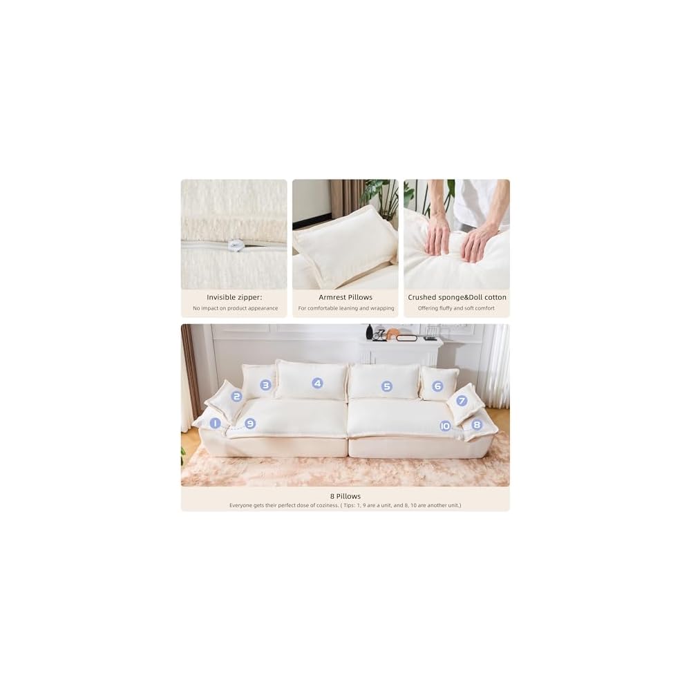 138" Modular Cloud Couch, Sectional Couch with Deep Seats, Wide Armrests and Multiple Pillows, Boneless Couches Sofas Loveseat for Bedroom/Living Room/Apartment/Office (White)