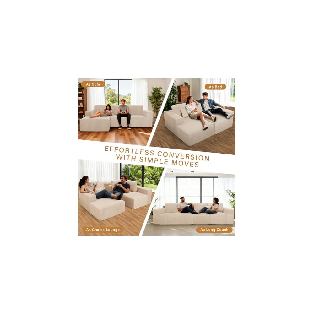 111" Boneless Couches for Living Room 3-Piece Cloud Couch Modular Sectional Deep Seat Compressed Couches for Living Room Bedroom Plush Corduroy Fabric No Assembly Required, Khaki