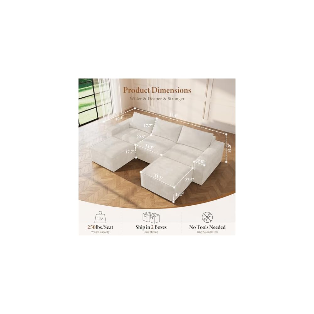 Vesgantti 114" U Shaped Boneless Couch, Deep Seat Sectional Sofa, Beige