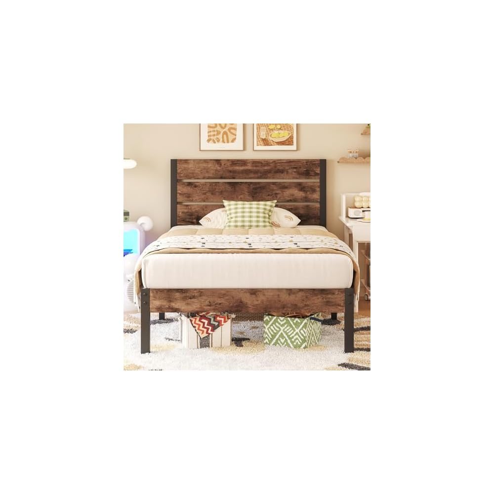 Fluest Twin Bed Frame with Headboard and Footboard, Metal Twin Bed Frame with Under Bed Storage, All-Metal Support System, No Box Spring Needed, Easy Assembly,Rustic Brown