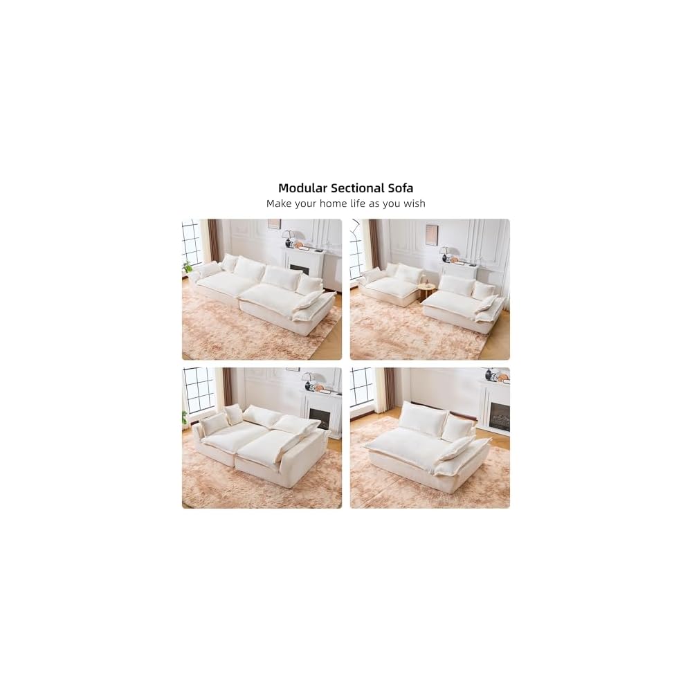 138" Modular Cloud Couch, Sectional Couch with Deep Seats, Wide Armrests and Multiple Pillows, Boneless Couches Sofas Loveseat for Bedroom/Living Room/Apartment/Office (White)