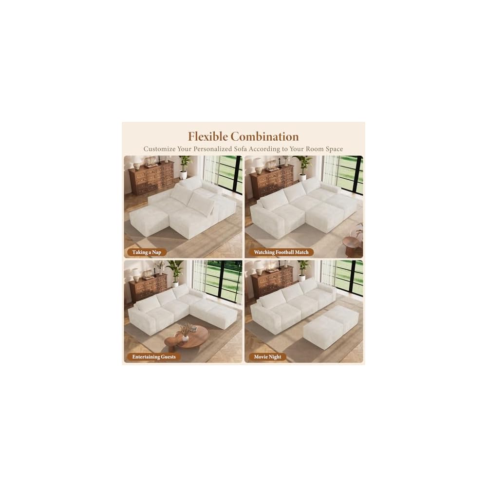 Vesgantti 114" U Shaped Boneless Couch, Deep Seat Sectional Sofa, Beige