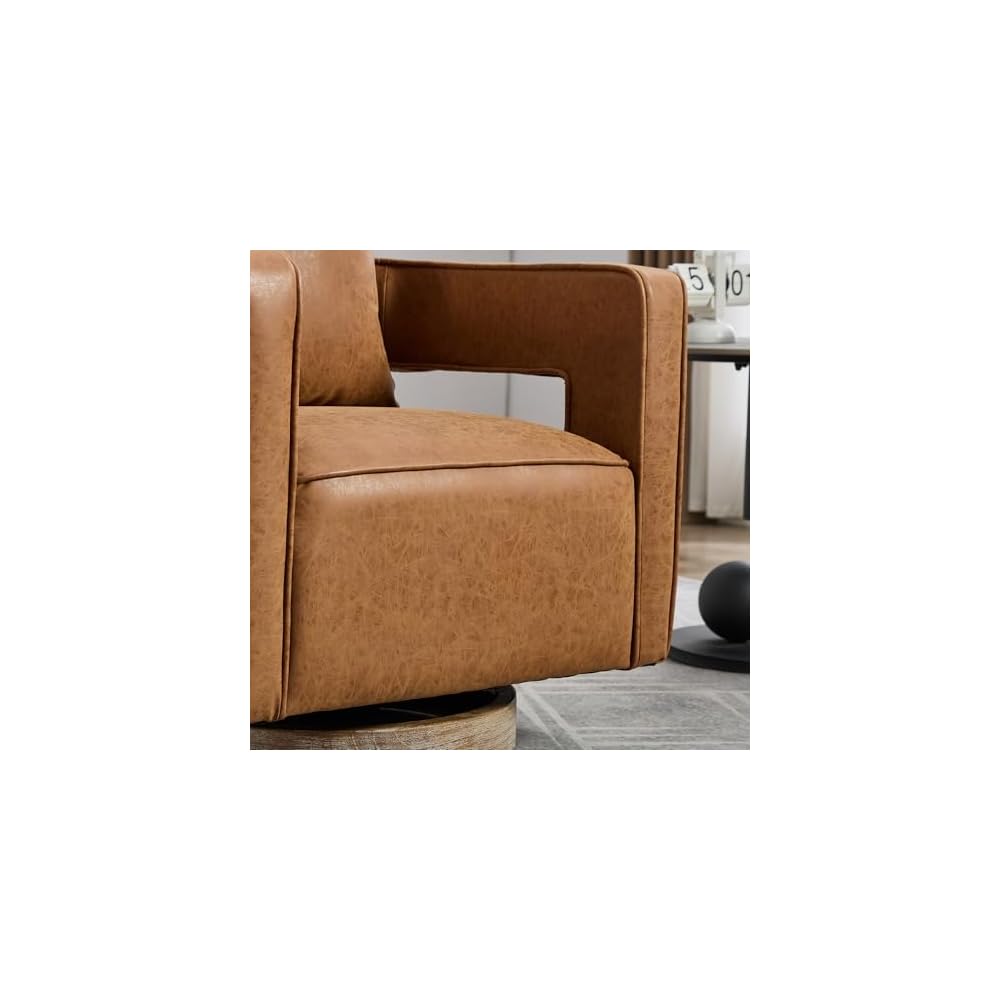29.1 Inch Swivel Accent Chair, Open Back Barrel Design with Weathered Base for Living Room, Bedroom and Office,Brown