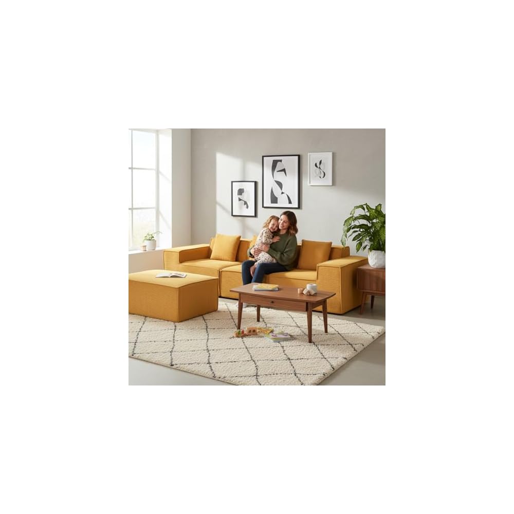 Container Furniture Direct Compressed Sofa L Sectional, 112" Modular Cloud Couch with Ottoman, 23.2" Deep Seat Corduroy High-Back L-Shaped Sectional for Living Room/Bedroom, No Assembly, Ginger Yellow