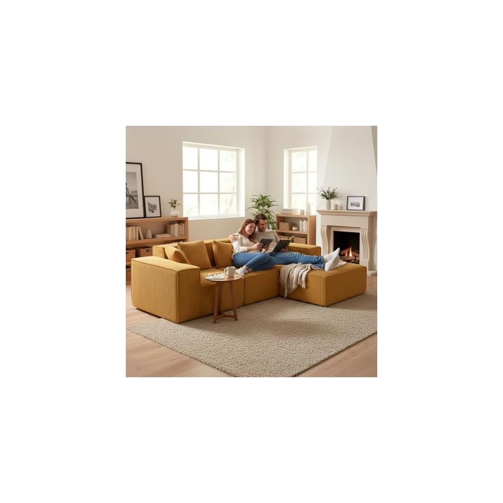 Container Furniture Direct Compressed Sofa L Sectional, 112" Modular Cloud Couch with Ottoman, 23.2" Deep Seat Corduroy High-Back L-Shaped Sectional for Living Room/Bedroom, No Assembly, Ginger Yellow