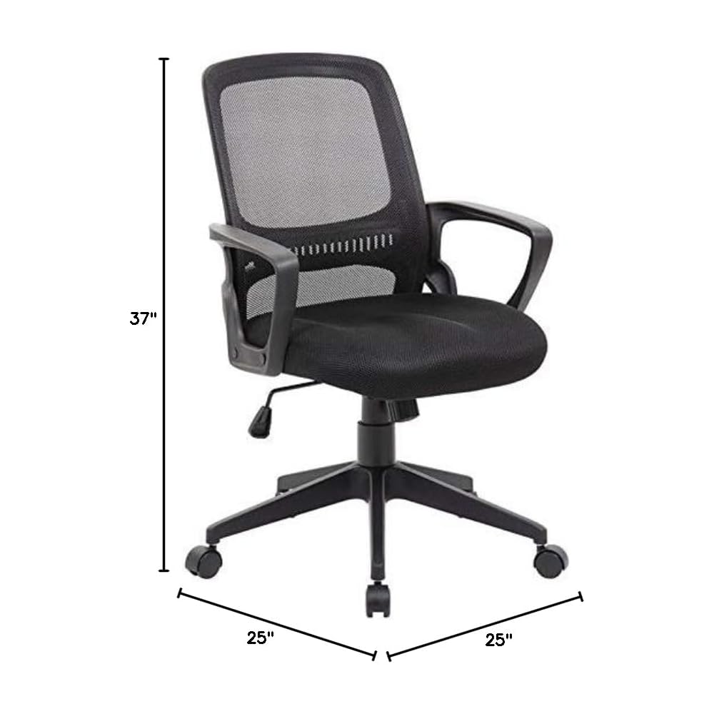 Pemberly Row Modern Mesh Swivel Office Chair, 37-39 in Height, Black Finish, Adjustable Arms, Pneumatic Seat Height, Tilt Tension, Nylon Base, Double Wheel Casters, Contemporary Design for Office Use