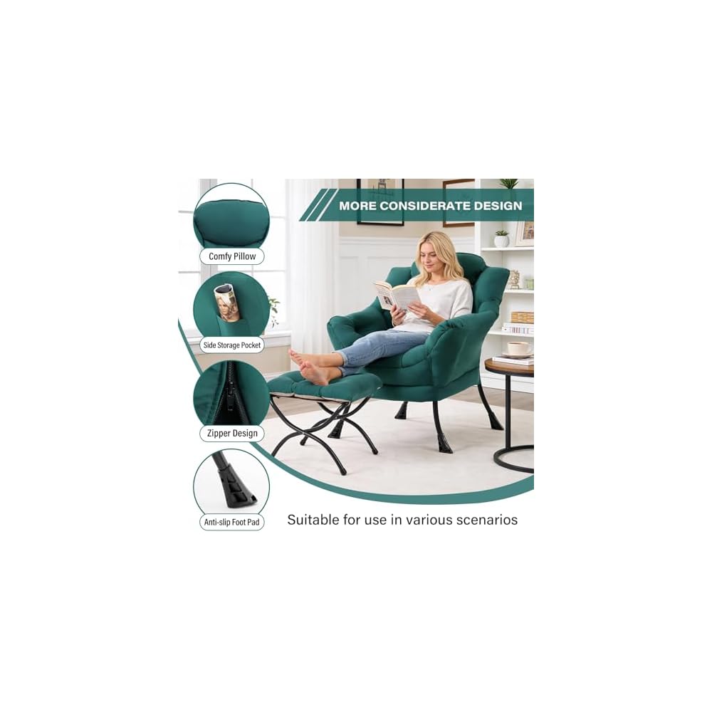 Modern Lazy Chair with Ottoman, Comfy Accent Reading Chair, Dark Green