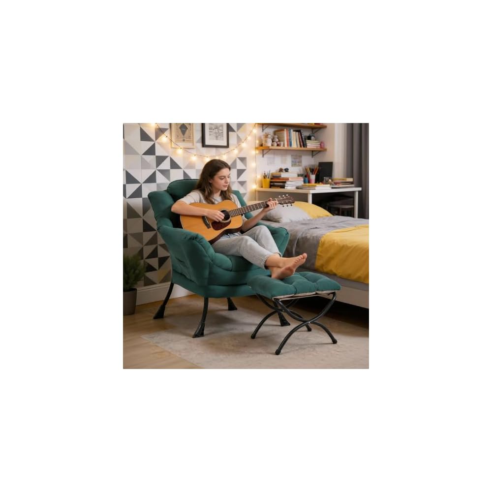 Modern Lazy Chair with Ottoman, Comfy Accent Reading Chair, Dark Green