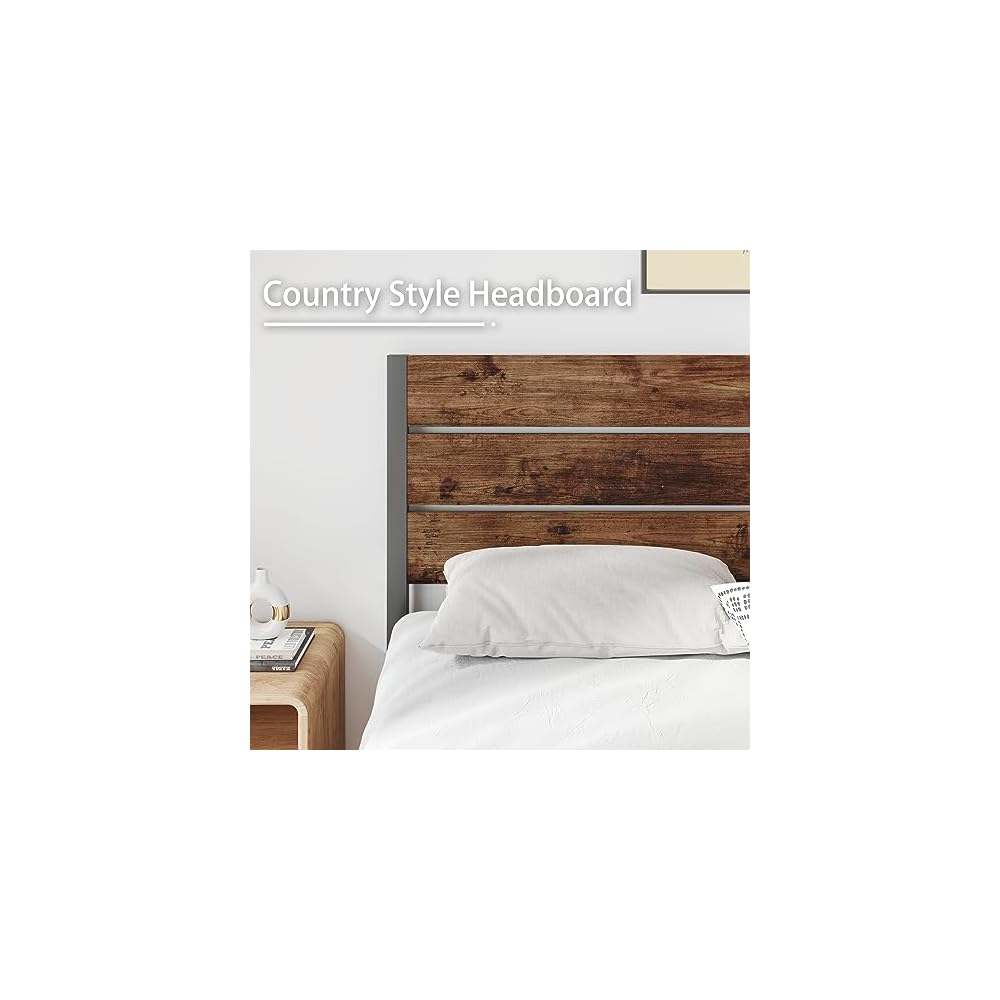 Fluest Twin Bed Frame with Headboard and Footboard, Metal Twin Bed Frame with Under Bed Storage, All-Metal Support System, No Box Spring Needed, Easy Assembly,Rustic Brown