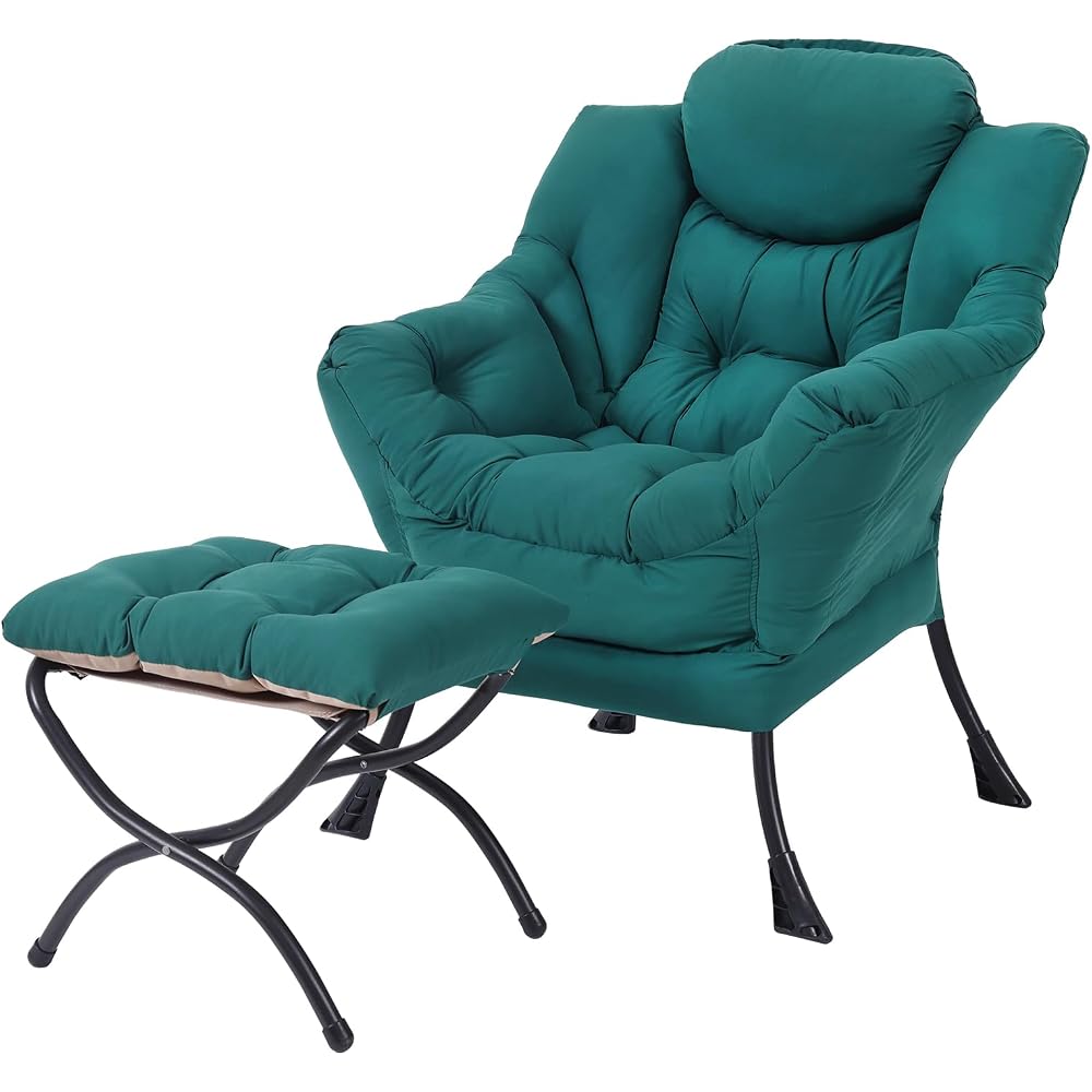 Modern Lazy Chair with Ottoman, Comfy Accent Reading Chair, Dark Green