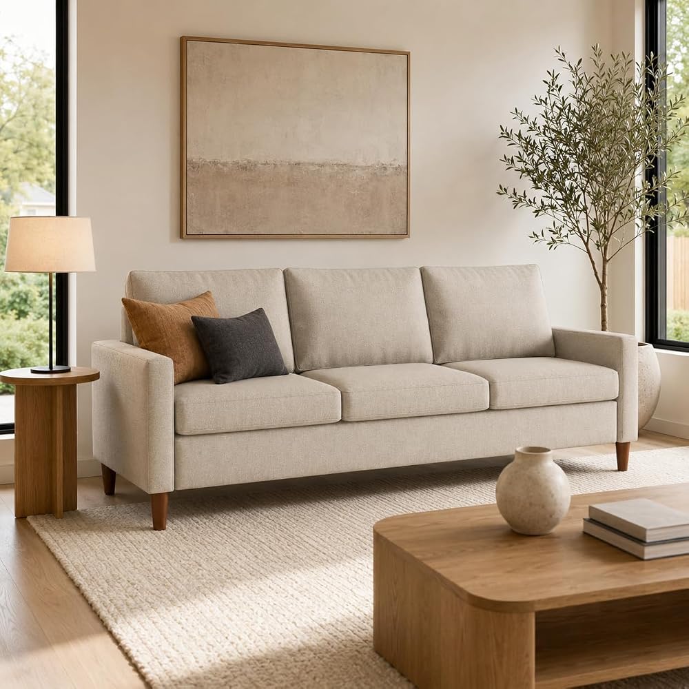 Artdeco Home 73.2" W 3-Seat Storage Sofa,Upholstered Linen Couch with Hidden Under-Seat Storage,Side Storage Pocket,Modern Sofa for Living Room, Apartment,Office(Beige)