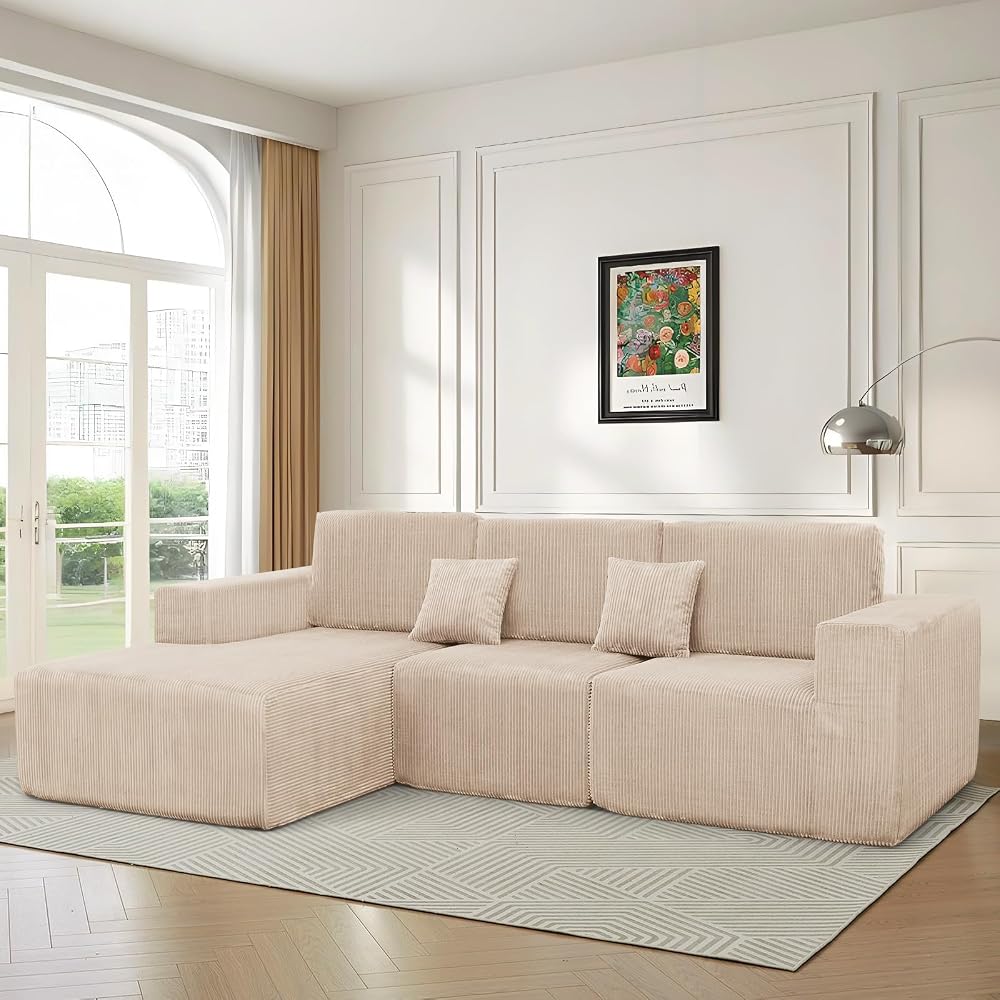111" Boneless Couches for Living Room 3-Piece Cloud Couch Modular Sectional Deep Seat Compressed Couches for Living Room Bedroom Plush Corduroy Fabric No Assembly Required, Khaki