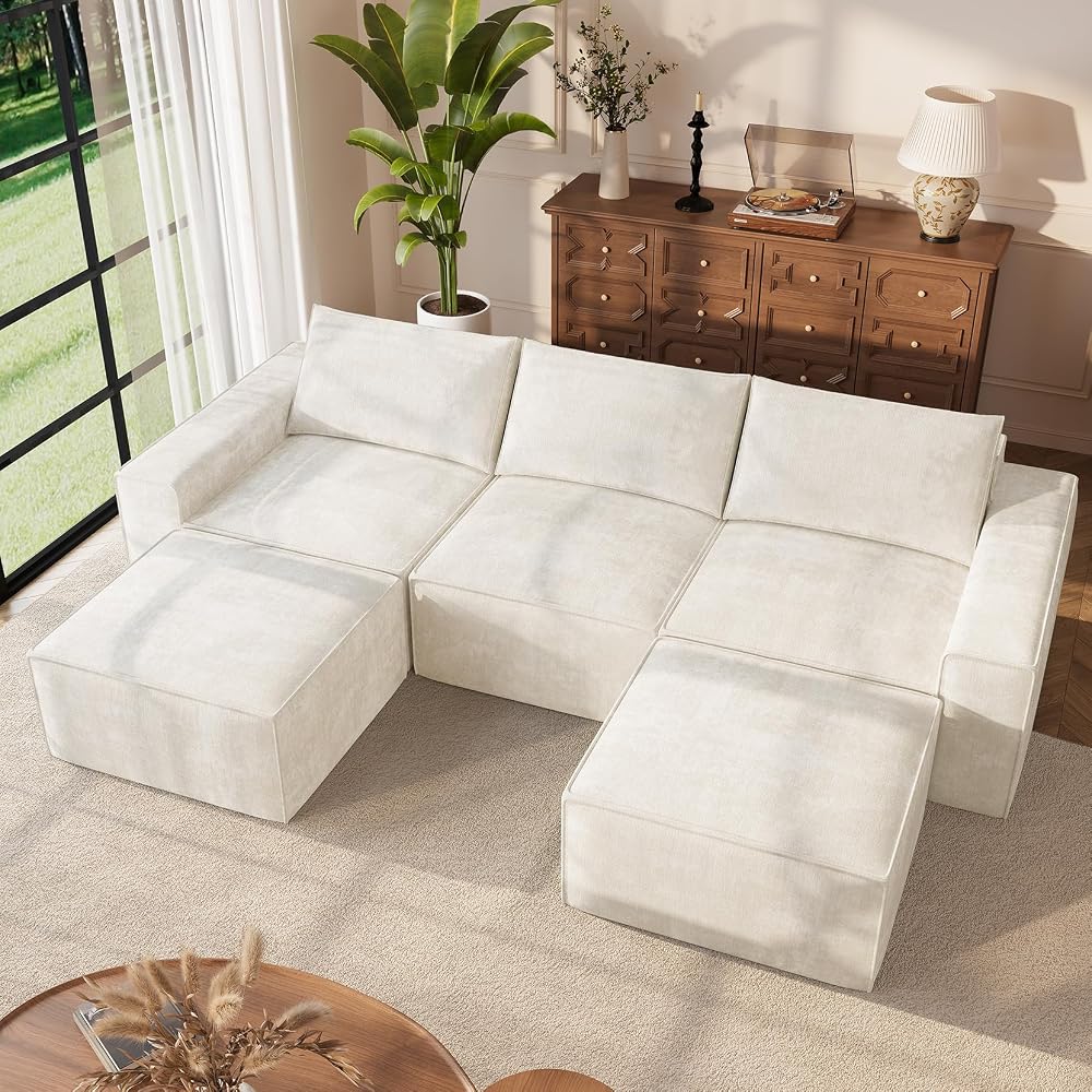 Vesgantti 114" U Shaped Boneless Couch, Deep Seat Sectional Sofa, Beige