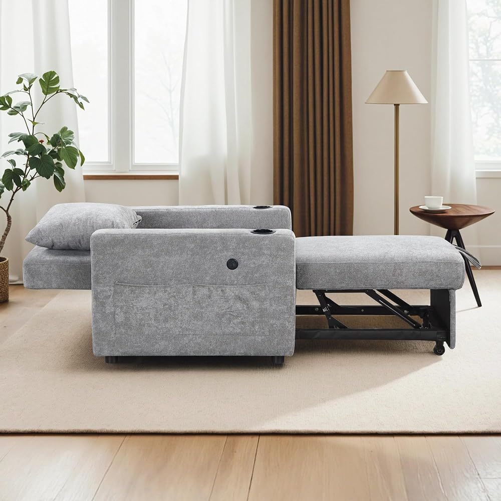 MCombo Convertible Sleeper Chair Bed, 3-in-1 Folding Sofa Chair with Adjustable Backrest, Pull-Out Bed with USB Port, Cup Holders, Linen Fabric, for Small Spaces Living Room Guest Room Office VN6001