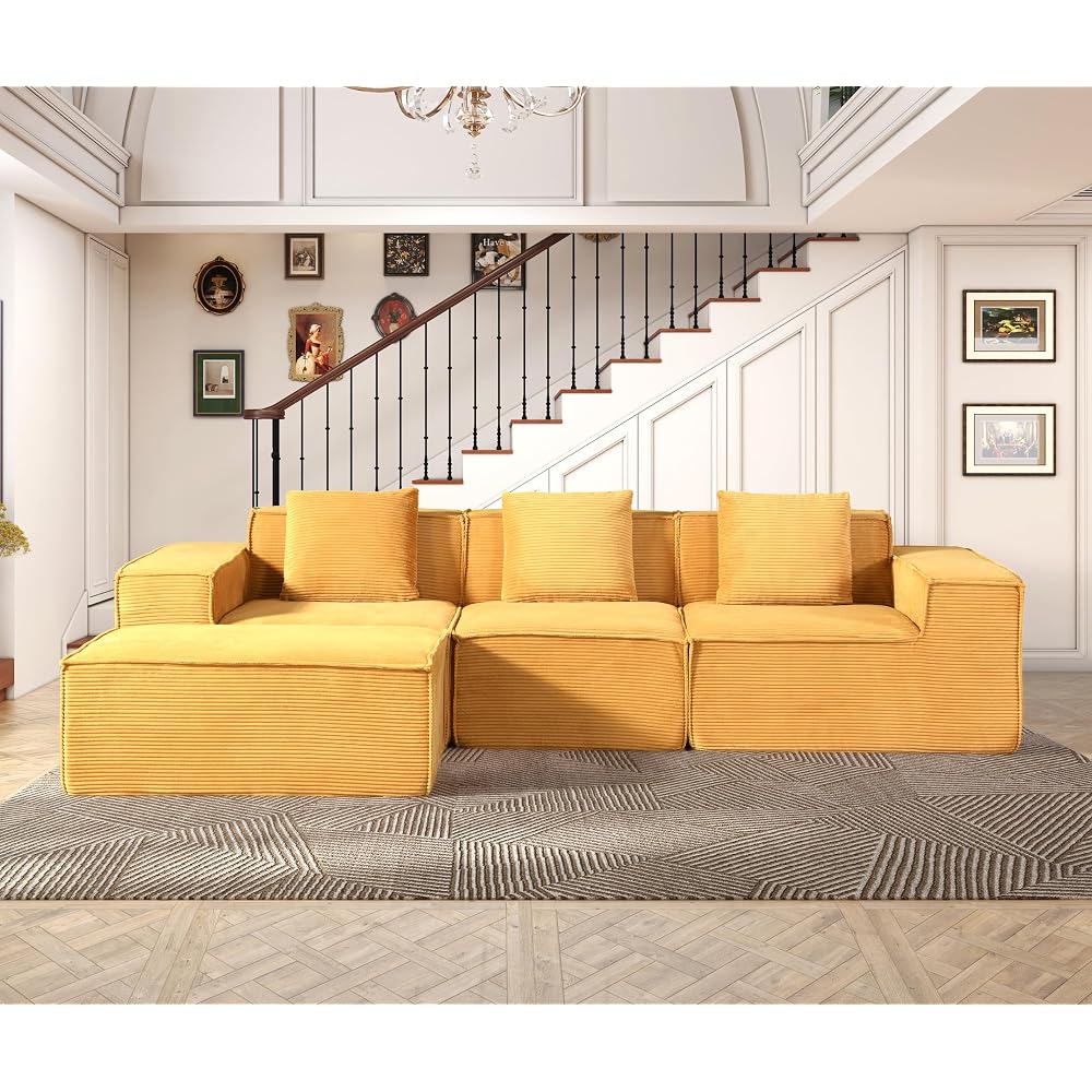 Container Furniture Direct Compressed Sofa L Sectional, 112" Modular Cloud Couch with Ottoman, 23.2" Deep Seat Corduroy High-Back L-Shaped Sectional for Living Room/Bedroom, No Assembly, Ginger Yellow
